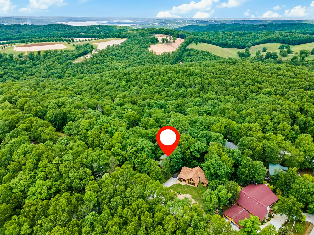 This exterior image shows a wooden house nestled among dense greenery with an open space leading up to the entrance. The lush forested surroundings and visible walking paths evoke a sense of tranquility and immersion in nature, ideal for outdoor adventures and walks with pets.